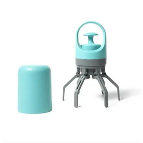 A turquoise and gray portable vacuum cleaner with a handle, four articulated legs for mobility, and an attached cylindrical container.