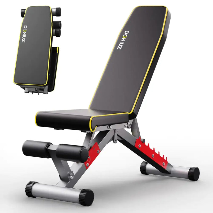 Black and yellow adjustable weight bench with red accents, featuring a padded seat and backrest for home gym use.