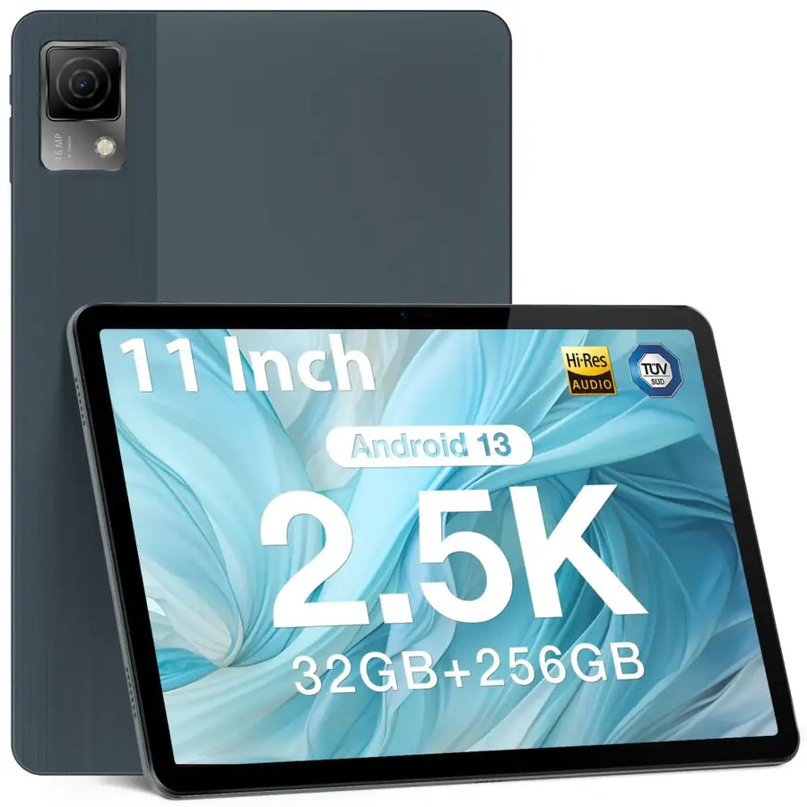 Dark gray 11-inch tablet with a sleek, minimalist design featuring an android 13 operating system and 2.5k resolution display.