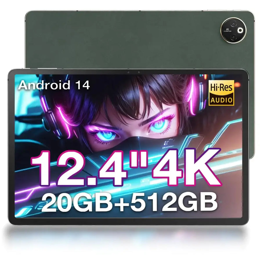 Dark green 12.4-inch android tablet with a sleek, minimalist design and circular camera module on the back.