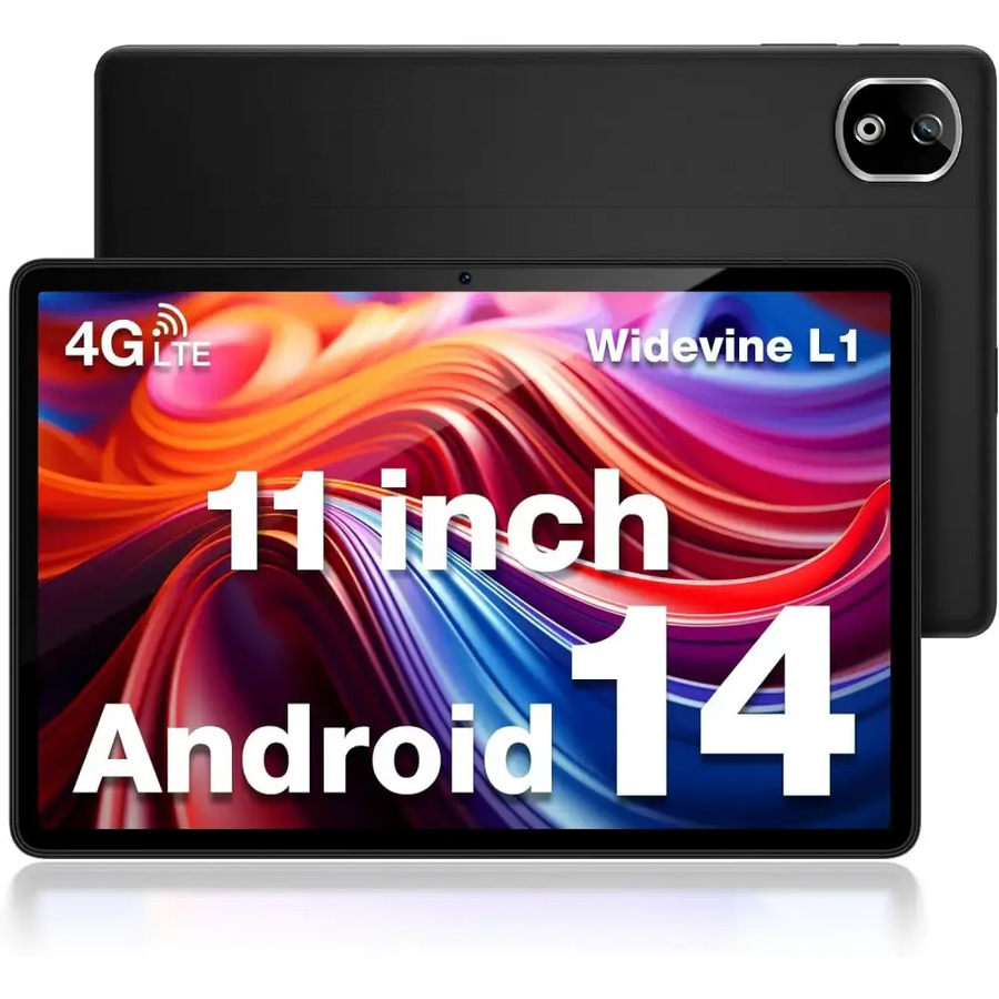 Black 11-inch android 14 tablet with dual cameras and a sleek, modern design.