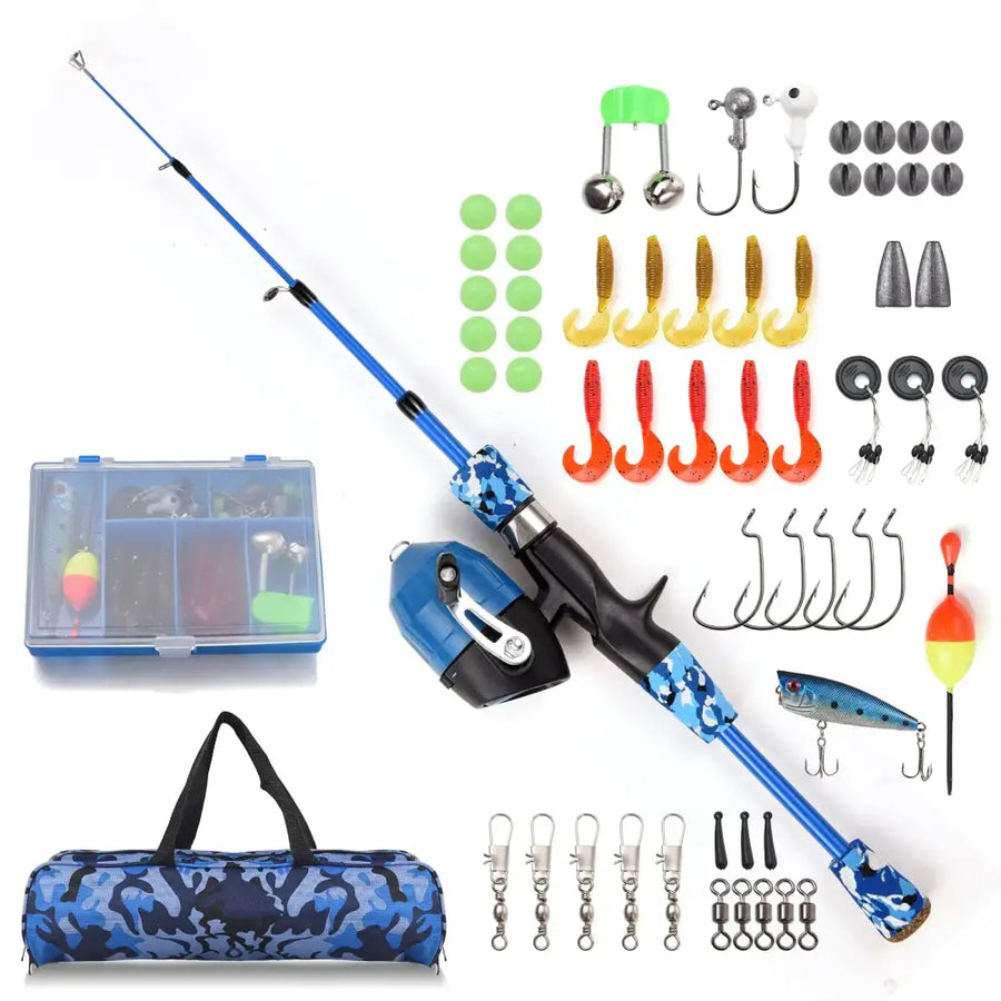 Blue camouflage-patterned fishing rod with matching reel and carrying bag.