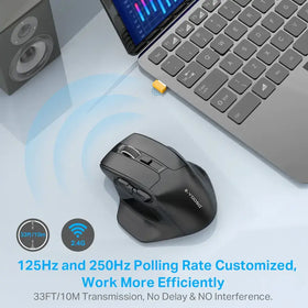 Black ergonomic wireless mouse with textured grip and silver branding