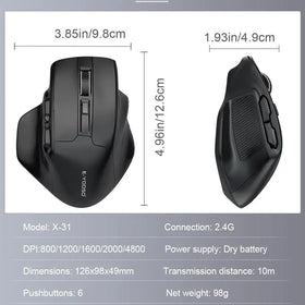 Black ergonomic wireless mouse with textured grip surfaces and multiple programmable buttons.