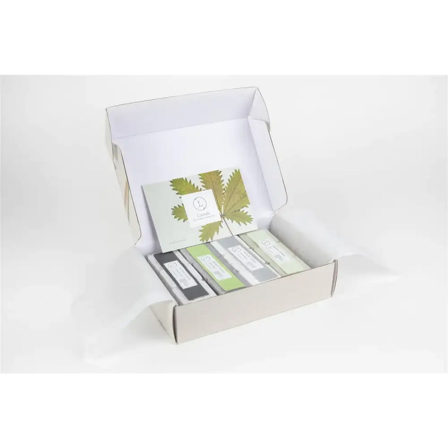 A set of four rectangular soap bars in a minimalist white box, each wrapped with sleek labels and arranged neatly inside.