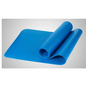 Blue yoga mat with textured surface and rolled edge.