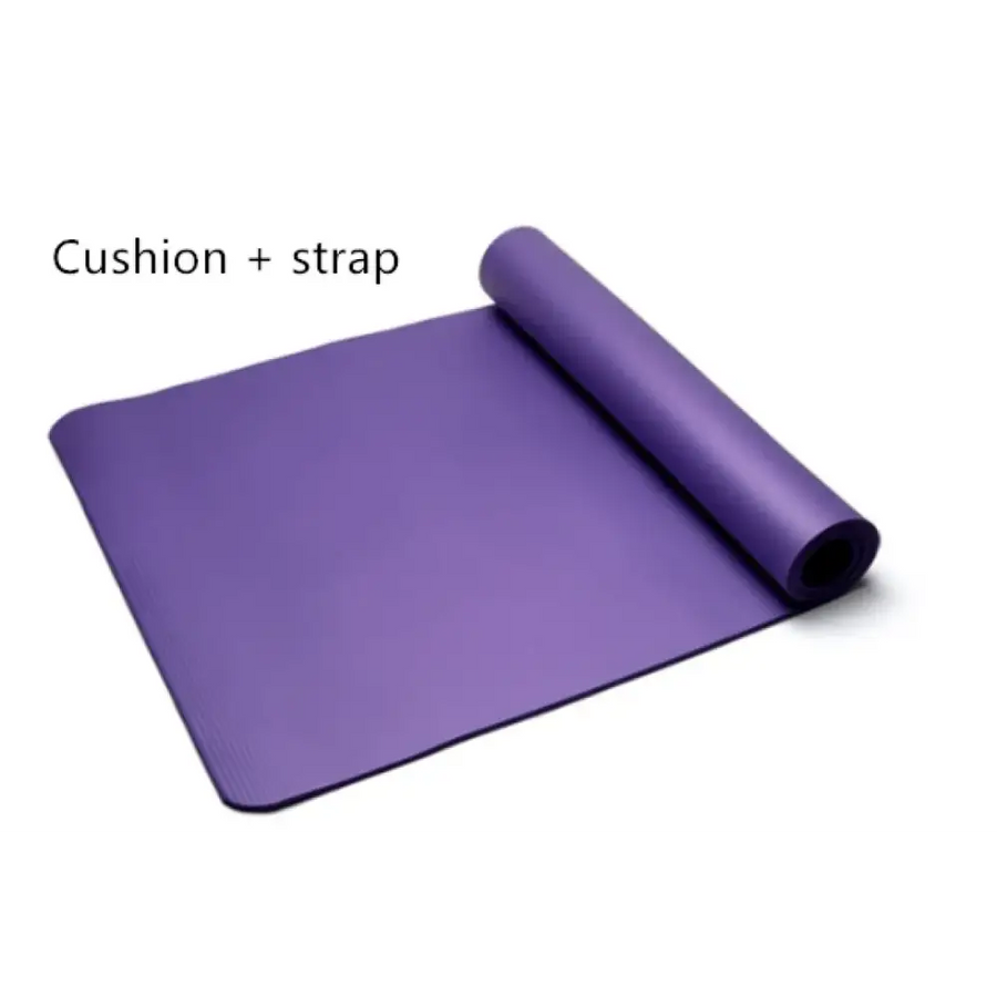 Purple yoga mat with a rolled-up section and an attached strap.