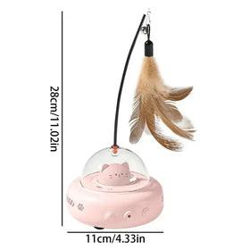 Pink cat-shaped electric pet toy with a clear dome and feathered wand.