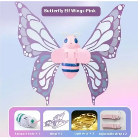 Pink butterfly elf wings with purple and white patterned translucent plastic wings, blue eyes, and a striped body.