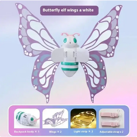 White and purple butterfly-shaped backpack with translucent wings featuring a pattern of dots and veins, accented by teal stripes on the body.