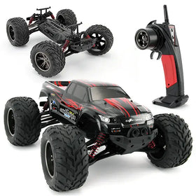 Black and red remote-controlled monster truck with rugged tires, detailed chassis, and a ’supersonic’ branded body.