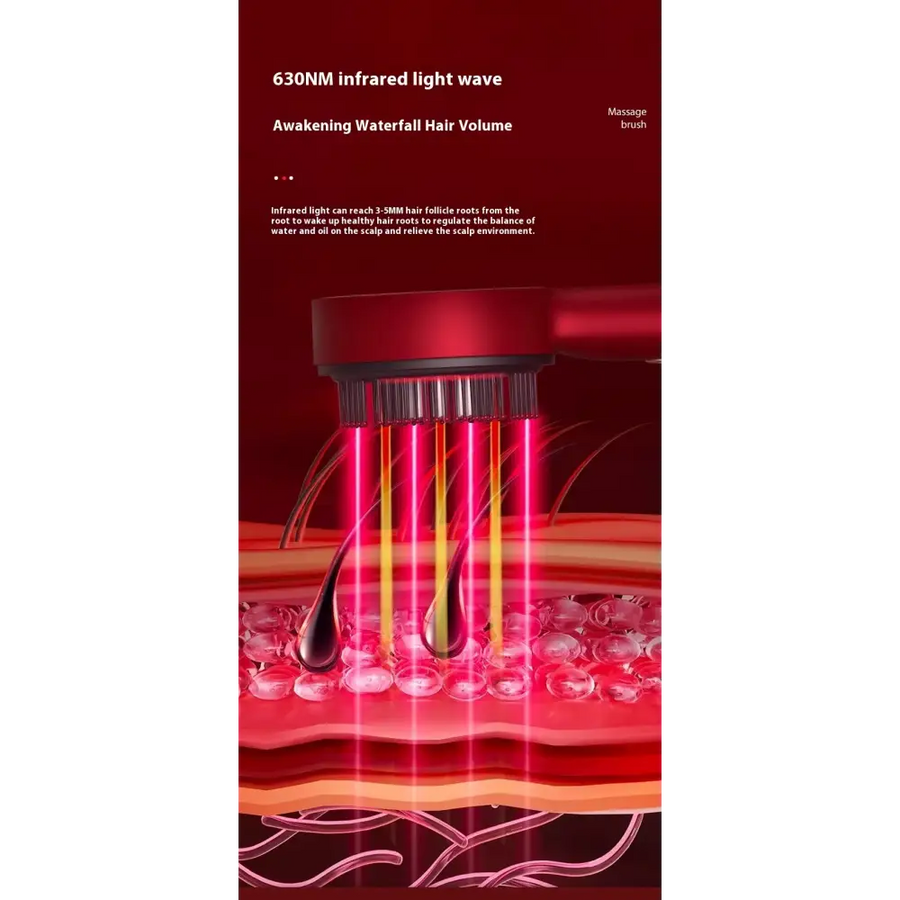 Red 630nm infrared light therapy massage brush with black bristles emitting glowing red and yellow beams.