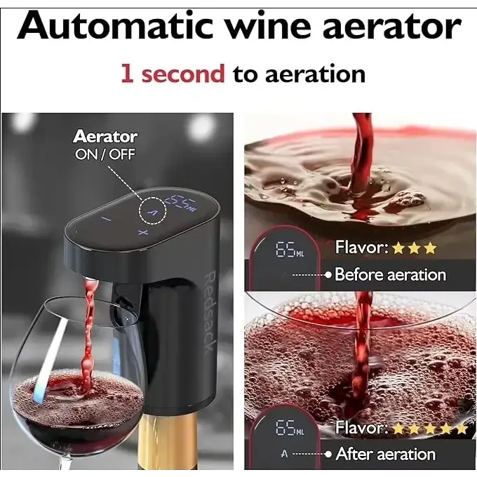 Black automatic wine aerator with digital display and control buttons for one-second aeration.