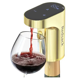 Gold-colored redstack wine pourer with a digital display and sleek, modern design.