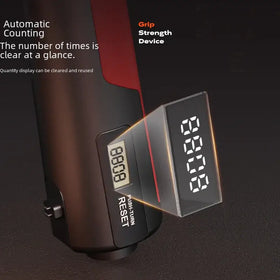 Black and red automatic counting grip strength device with digital display showing ’08:00’’ on a dark background.