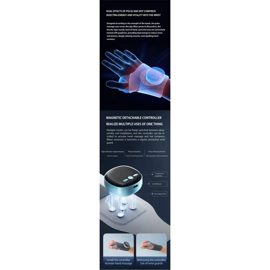 Black and silver magnetic detachable controller with digital display, physical buttons, and wrist guards for hand massage.