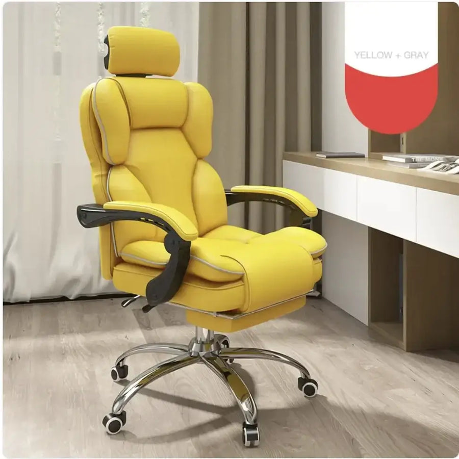 Bright yellow leather office chair with black armrests and a chrome base.