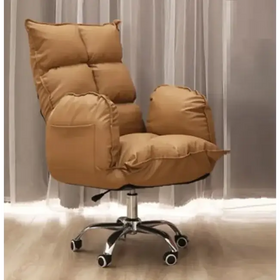 Tan, plush cushioned office chair with a padded back and armrests on a chrome five-star base.