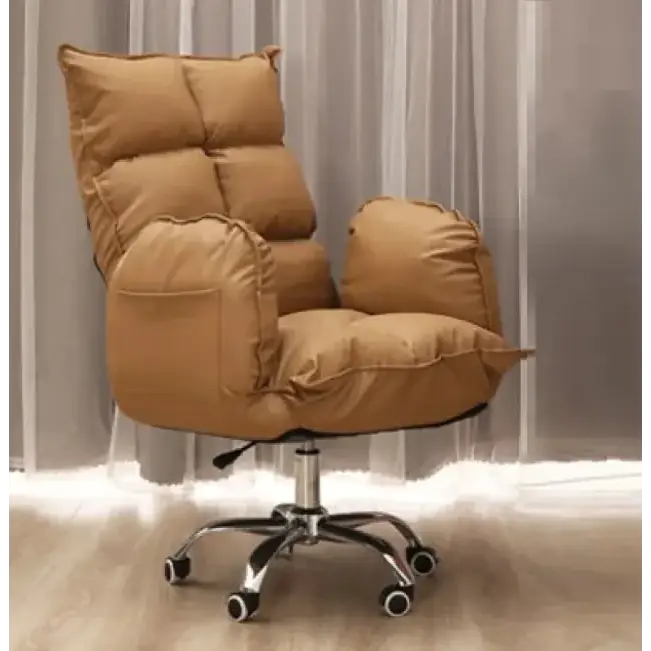 Tan, plush cushioned office chair with a padded back and armrests on a chrome five-star base.
