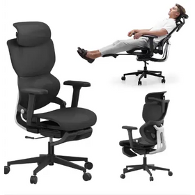 Black ergonomic office chair with adjustable headrest and footrest, featuring a mesh back and padded seat for comfort.