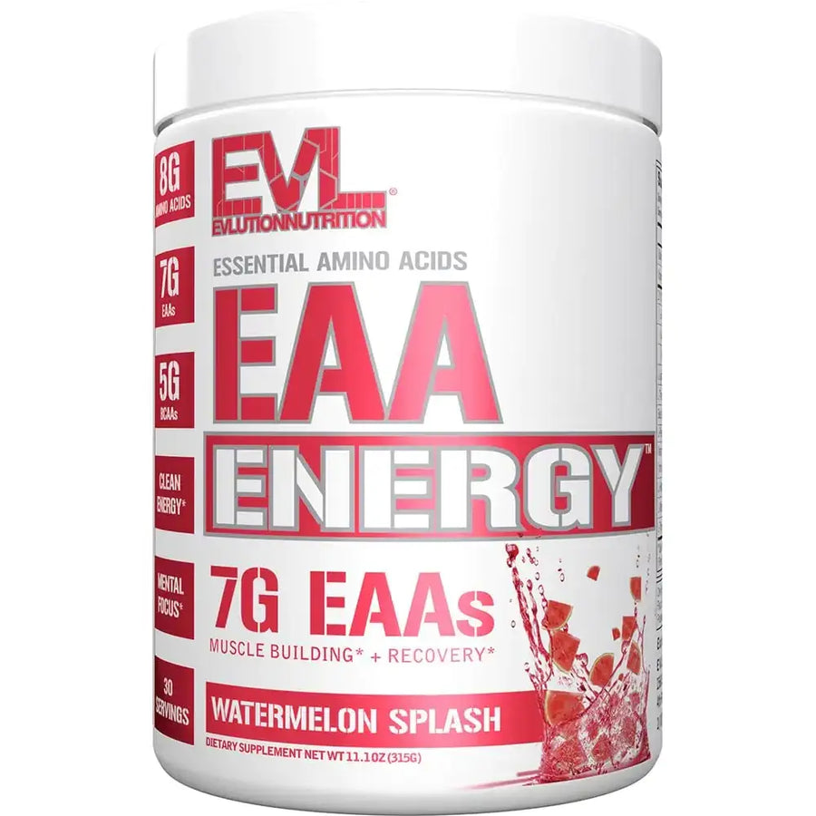 White cylindrical container of evlution nutrition’s eaa energy in watermelon splash flavor.