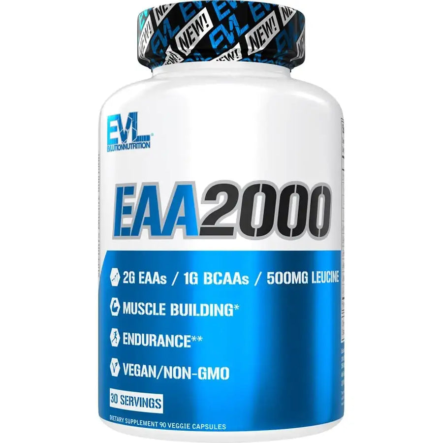 White plastic bottle with blue and black label featuring ’eaa2000’’ branding from evlution nutrition, sealed with a patterned cap.