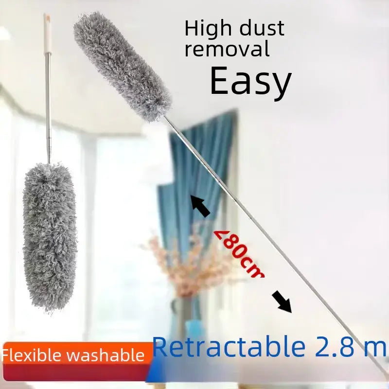 Gray, fuzzy duster with a retractable 2.8-meter metal handle for high dust removal and easy cleaning.