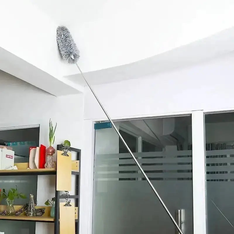 Silver-gray feather duster with a long, slender metal handle.