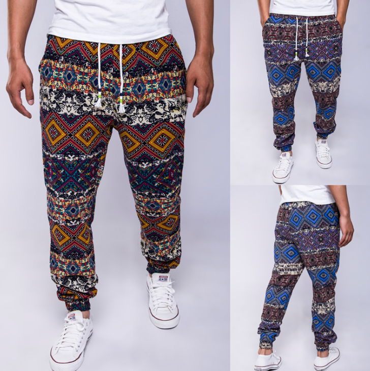 Men's Floral Cotton-Linen Casual Pants with Drawstring