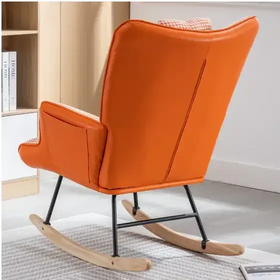 Orange leather rocking chair with black metal frame and wooden rockers.