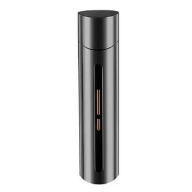 Black cylindrical travel-sized electronic cigarette with a sleek metallic finish and two vertical copper-colored accents on the front.