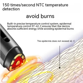 Black handheld device with a red triangular heating element at its tip, featuring precise temperature control for safe skin treatment.