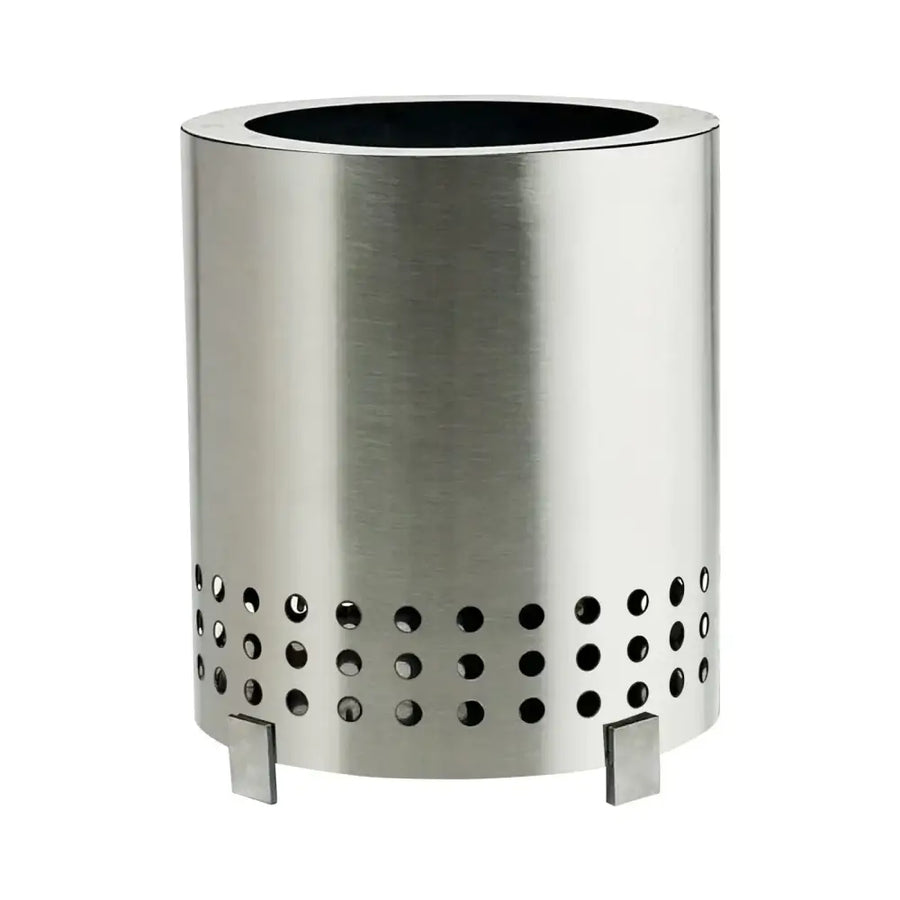 Stainless steel cylindrical fire pit with a brushed finish, featuring circular perforations along the lower half and square feet for stability.