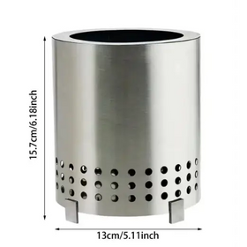 A sleek, cylindrical stainless steel fire pit with a brushed finish and evenly spaced circular perforations along its lower half.