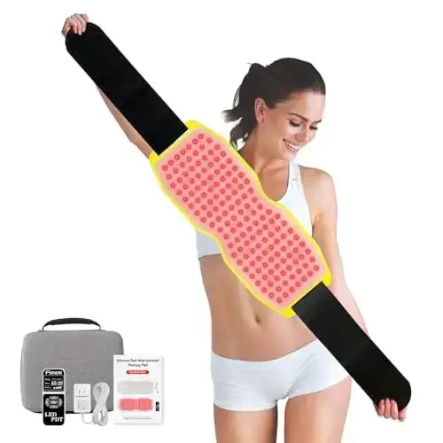 Black and yellow silicone-backed massage belt with red led lights