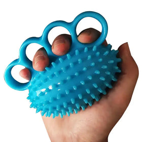 Bright blue plastic hand grip with four finger loops and a spiky textured surface.