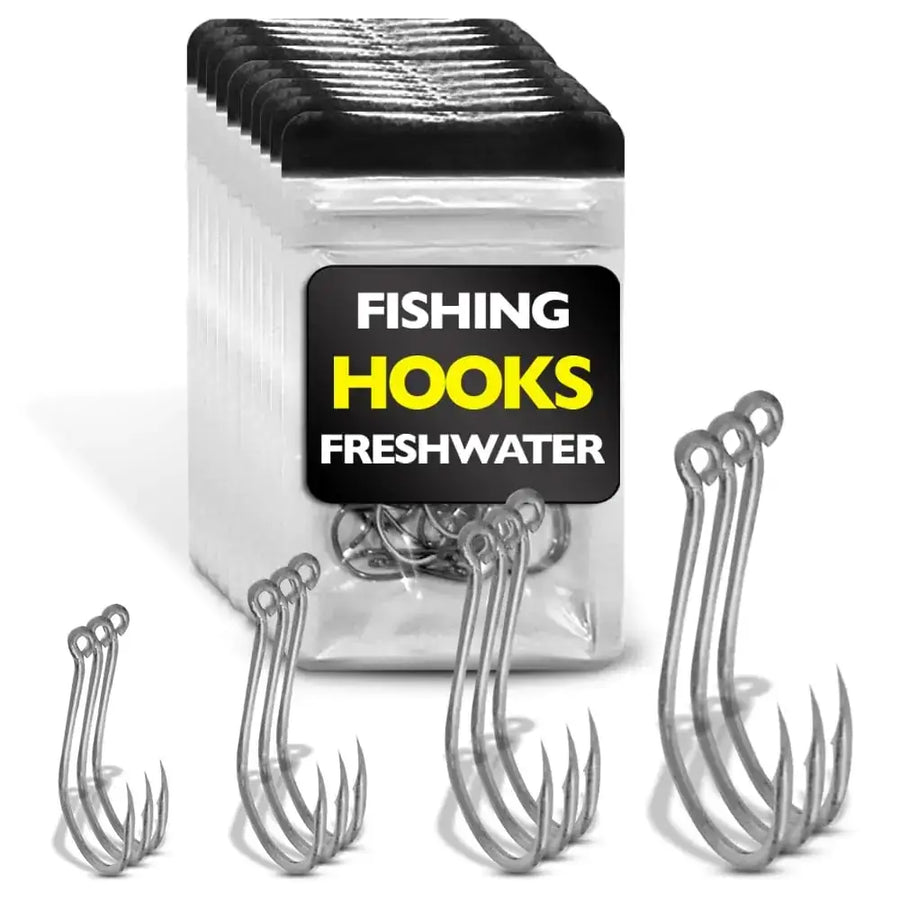 A clear plastic container with a black lid holds multiple silver-colored freshwater fishing hooks, labeled ’fishing hooks freshwater’ in bold white and yellow text on its front.