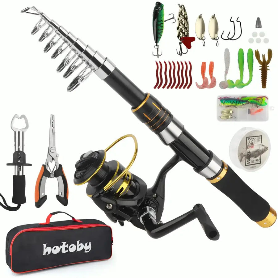 Black and gold telescopic fishing rod with matching reel, accompanied by assorted lures, hooks, and accessories in a branded carrying case.