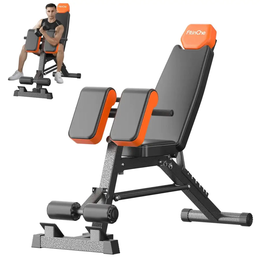 Black and orange adjustable weight bench with padded upholstery and a branded headrest.