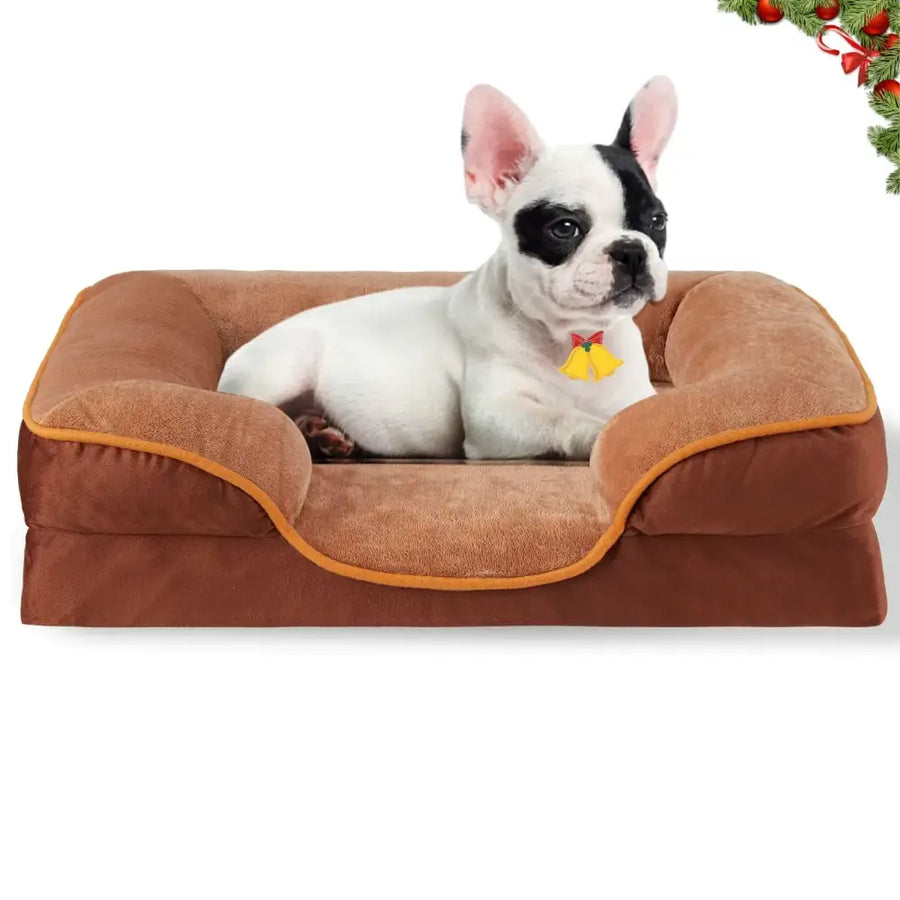 Brown plush dog bed with orange trim.