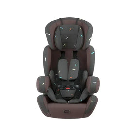 Dark gray and brown convertible car seat with subtle multicolored confetti-like stitching details.