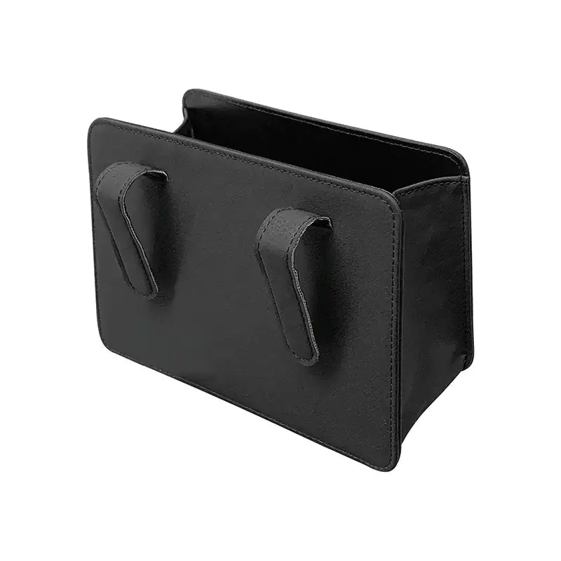 Black leather car phone holder with two integrated handles.
