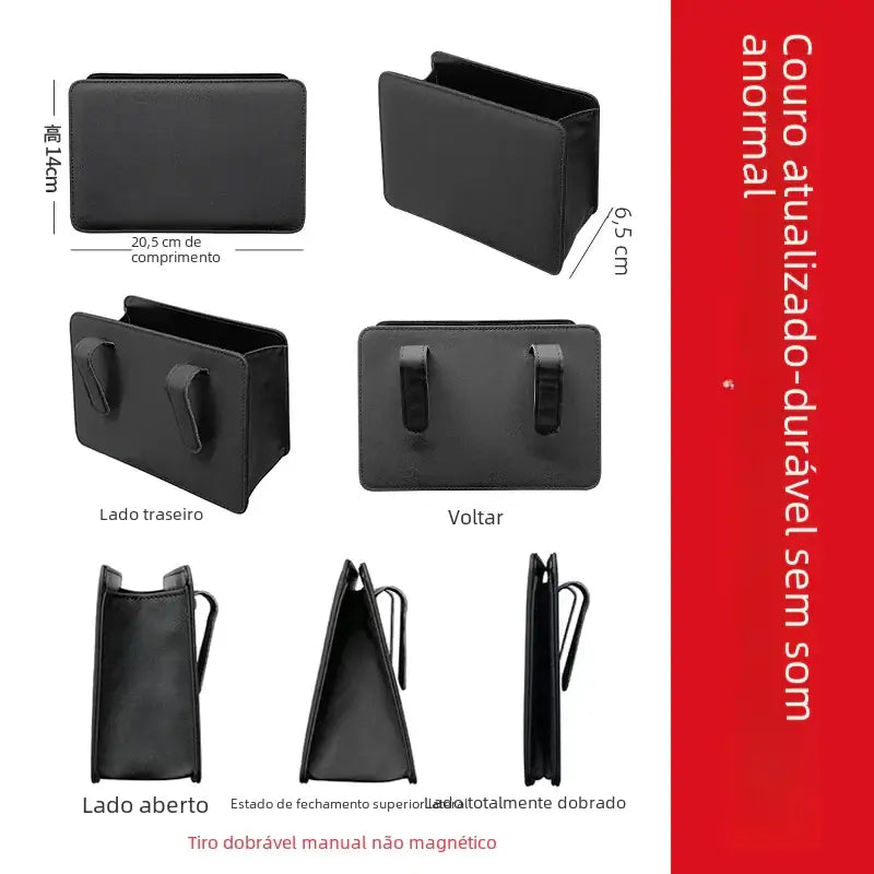 Black leather car phone holder with magnetic closure and dual handles.