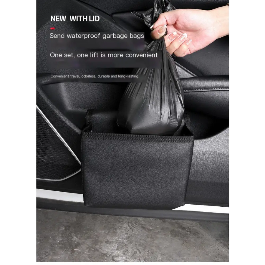 Black waterproof garbage bag holder with a lid, designed for convenient car storage.