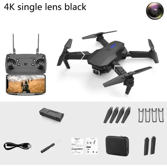 Black 4k single-lens drone with sleek, compact design and blue accent lighting on the body.
