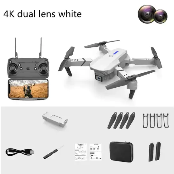 White 4k dual lens drone with gray accents and a sleek, foldable design.