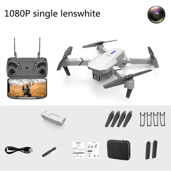 White foldable drone with gray accents and a blue led light on the top