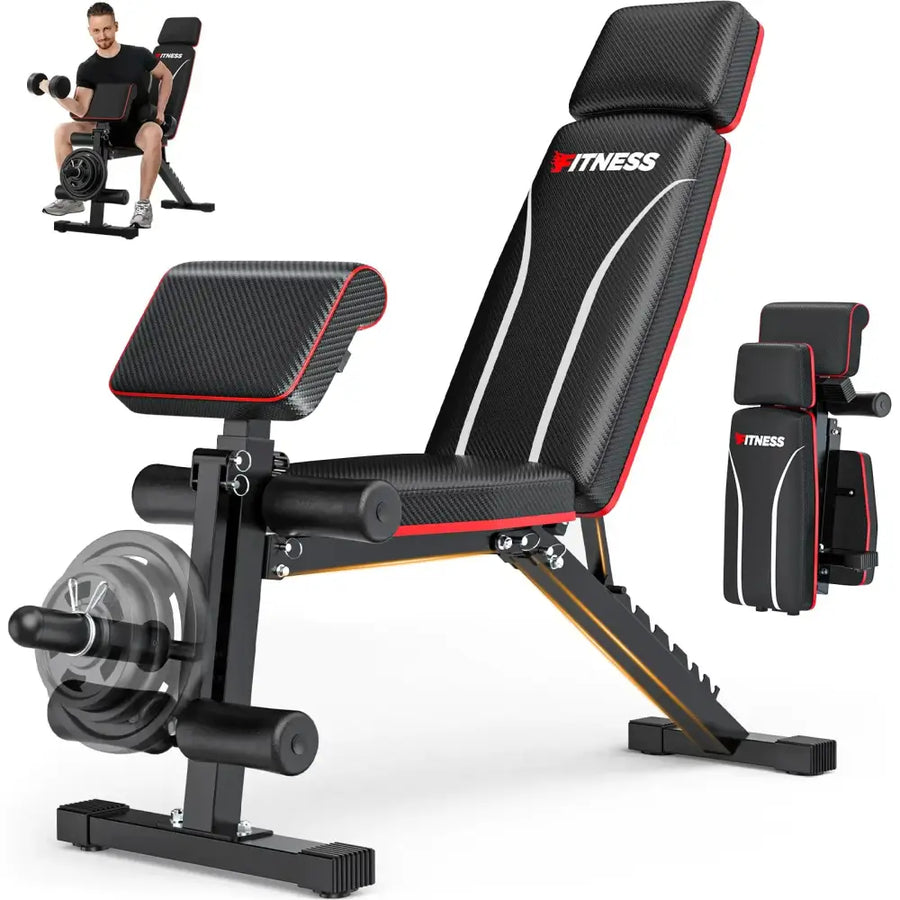 Black and red adjustable weight bench with carbon fiber textured upholstery and a built-in plate holder.