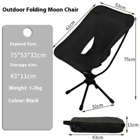 Black outdoor folding moon chair with a sleek, minimalist design and lightweight frame.
