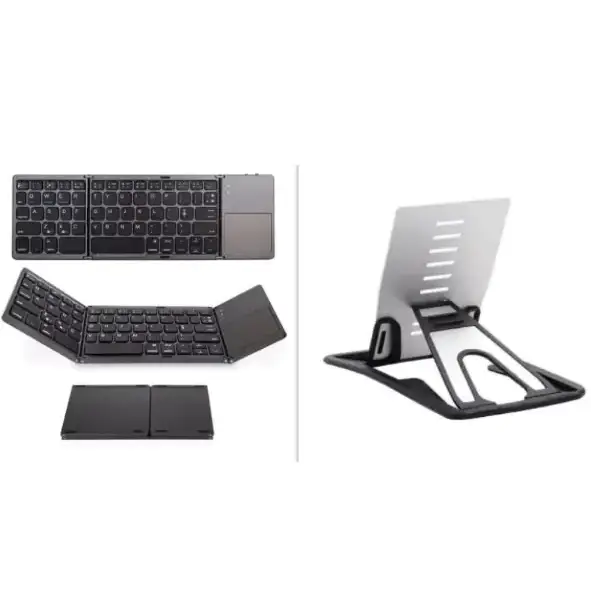 Black foldable wireless keyboard with integrated touchpad and matching stand